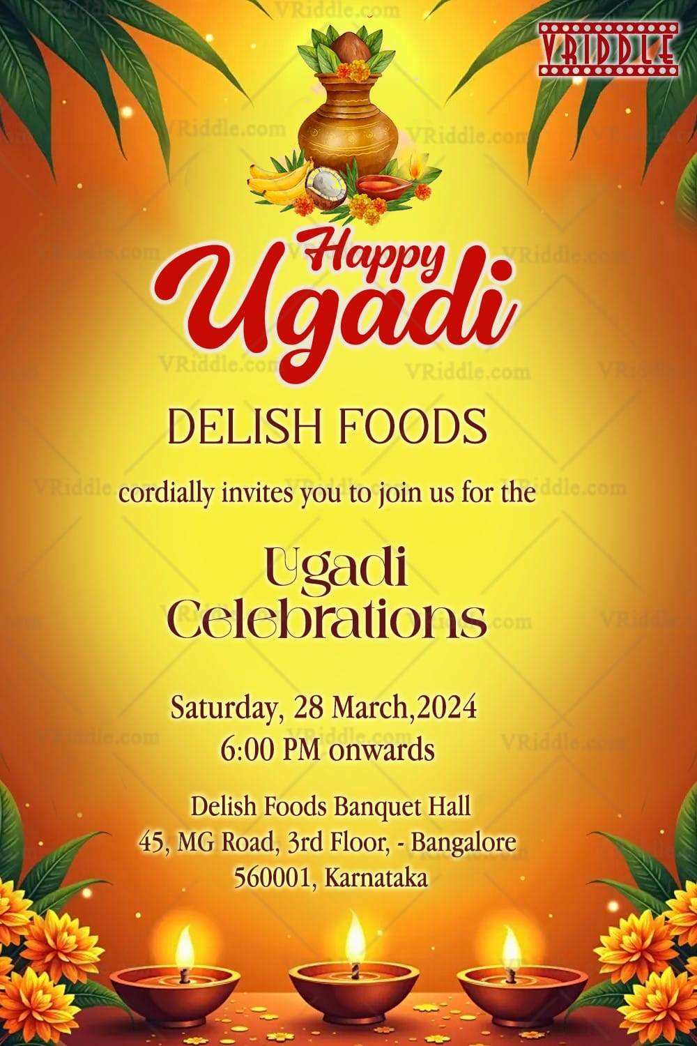 Golden-Yellow Theme Ugadi Invitation with Oil Lamps, Kalash, Mango Leaves and Flower