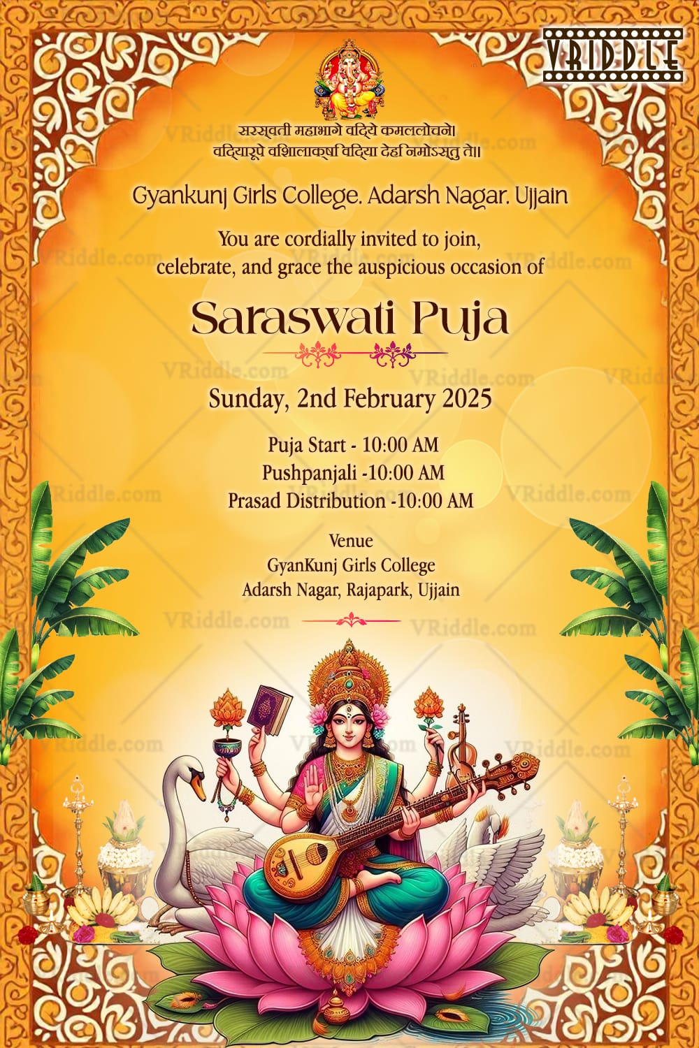 Golden-Yellow Theme Vasant Panchami Ceremony Invitation with Pink Lotus