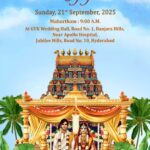 Graphic Temple Backdrop Telugu Wedding Invitation Video with Traditional South Indian Theme, Couple Portrait and Mandap Decor