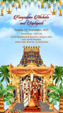 Graphic Temple Backdrop Telugu Wedding Invitation Video with Traditional South Indian Theme, Couple Portrait and Mandap Decor