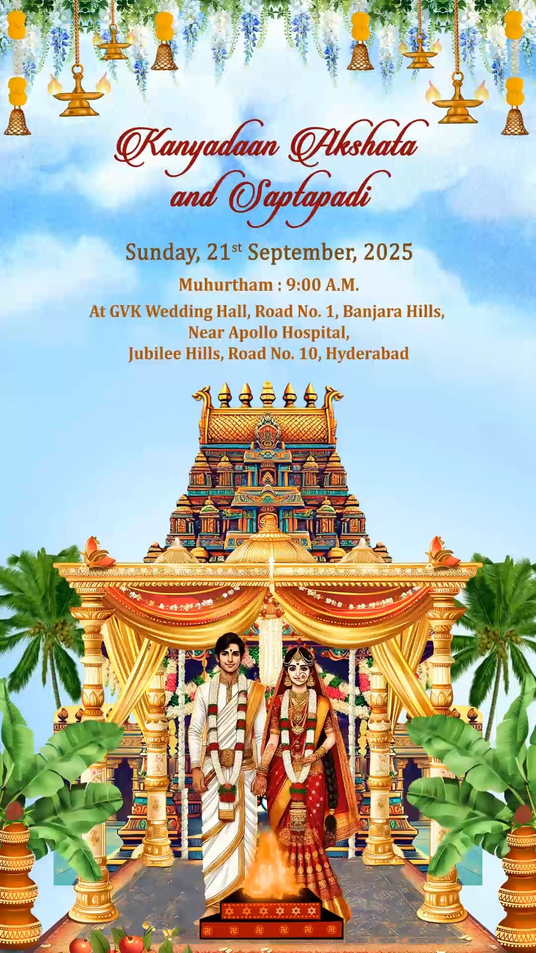 Graphic Temple Backdrop Telugu Wedding Invitation Video with Traditional South Indian Theme, Couple Portrait and Mandap Decor
