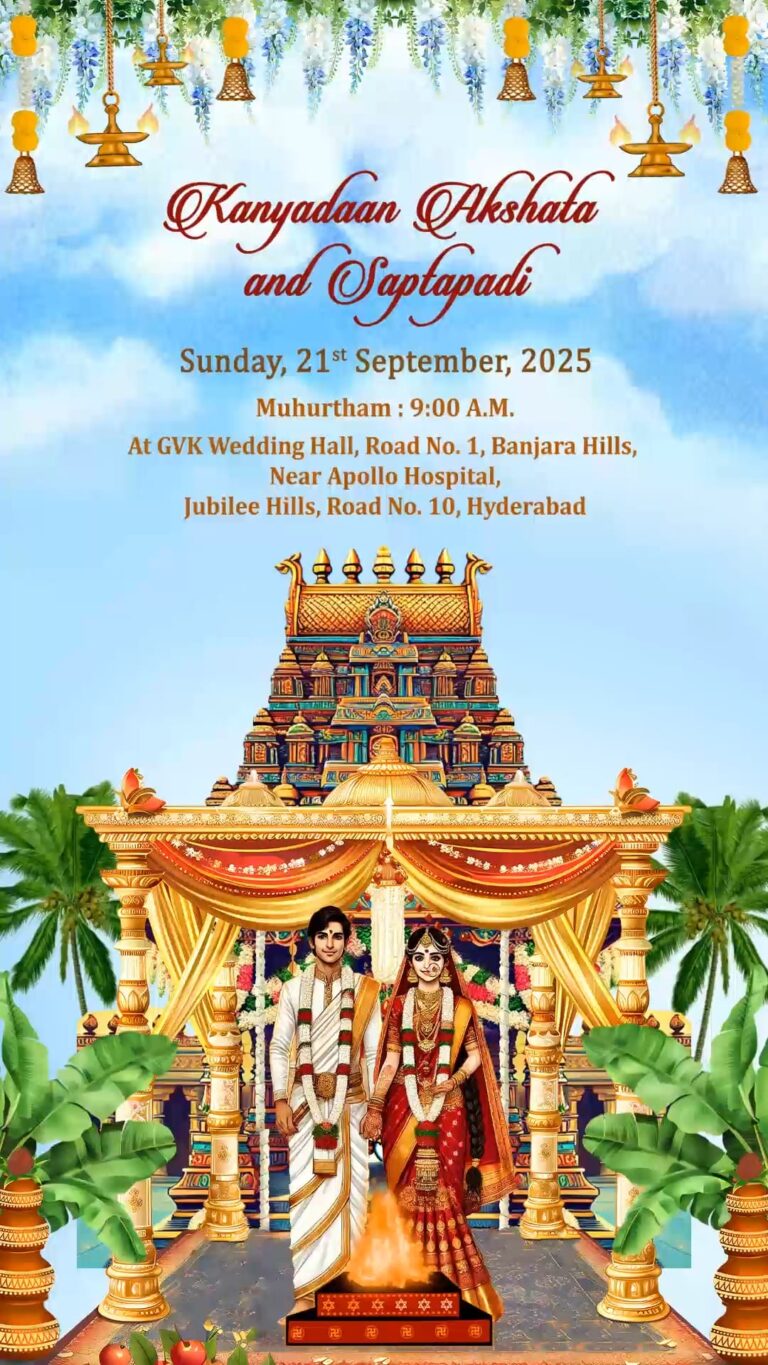Graphic Temple Backdrop Telugu Wedding Invitation Video with Traditional South Indian Theme, Couple Portrait and Mandap Decor