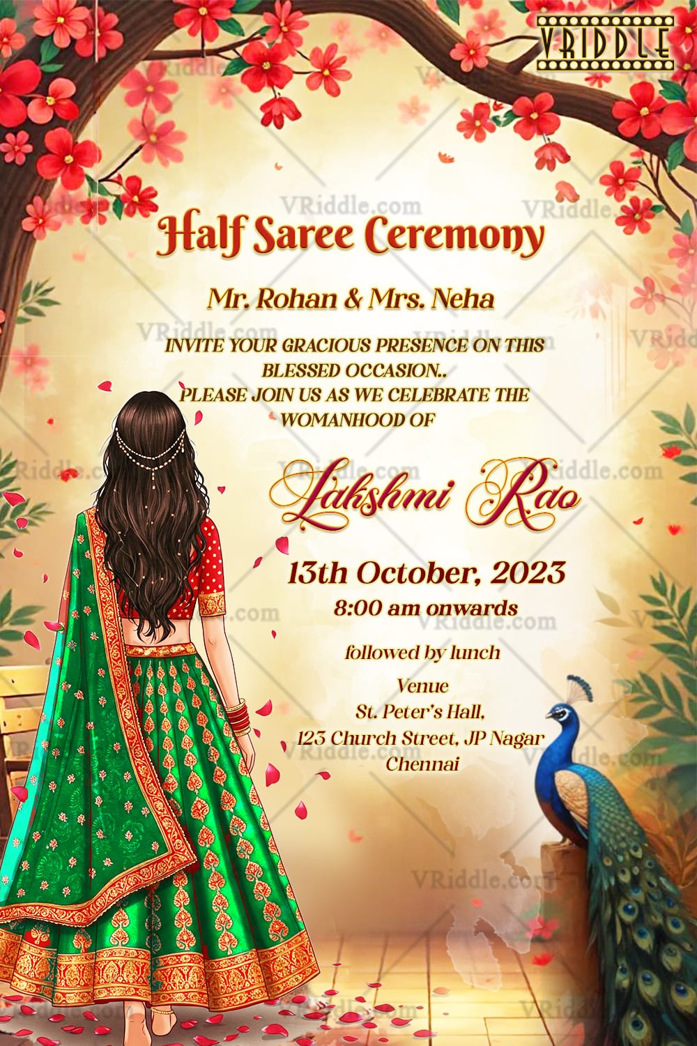 Green and Red Festive Peacock Half Saree Invitation with Rose Petals