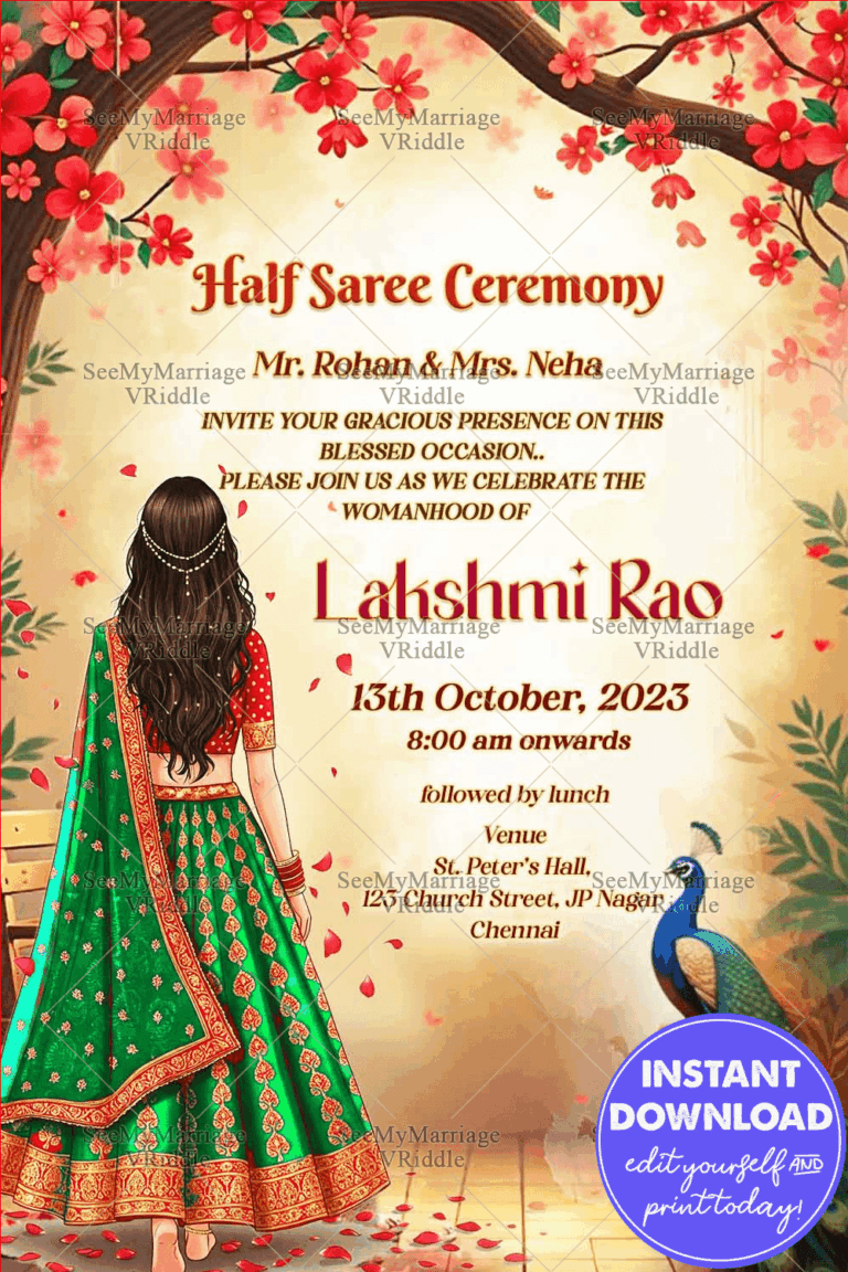 Green and Red Festive Peacock Half Saree Invitation with Rose Petals