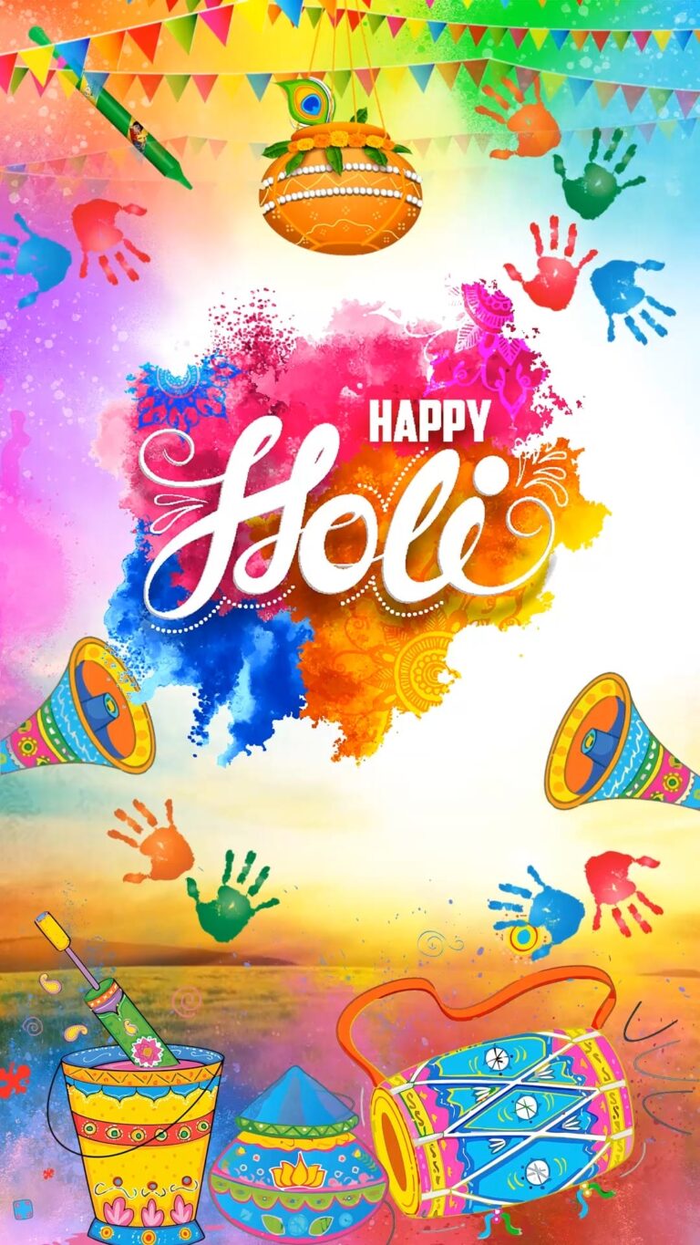 Happy Holi Invitation Video with Handprints, Colorful Decor and Festival Theme