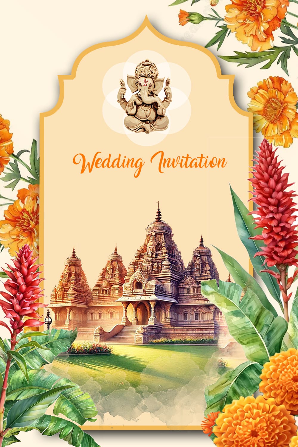 Marigold Theme & Temple Backdrop Wedding Invitation Cards Set with Bride and Groom Back Facing and Mehndi, Haldi Events