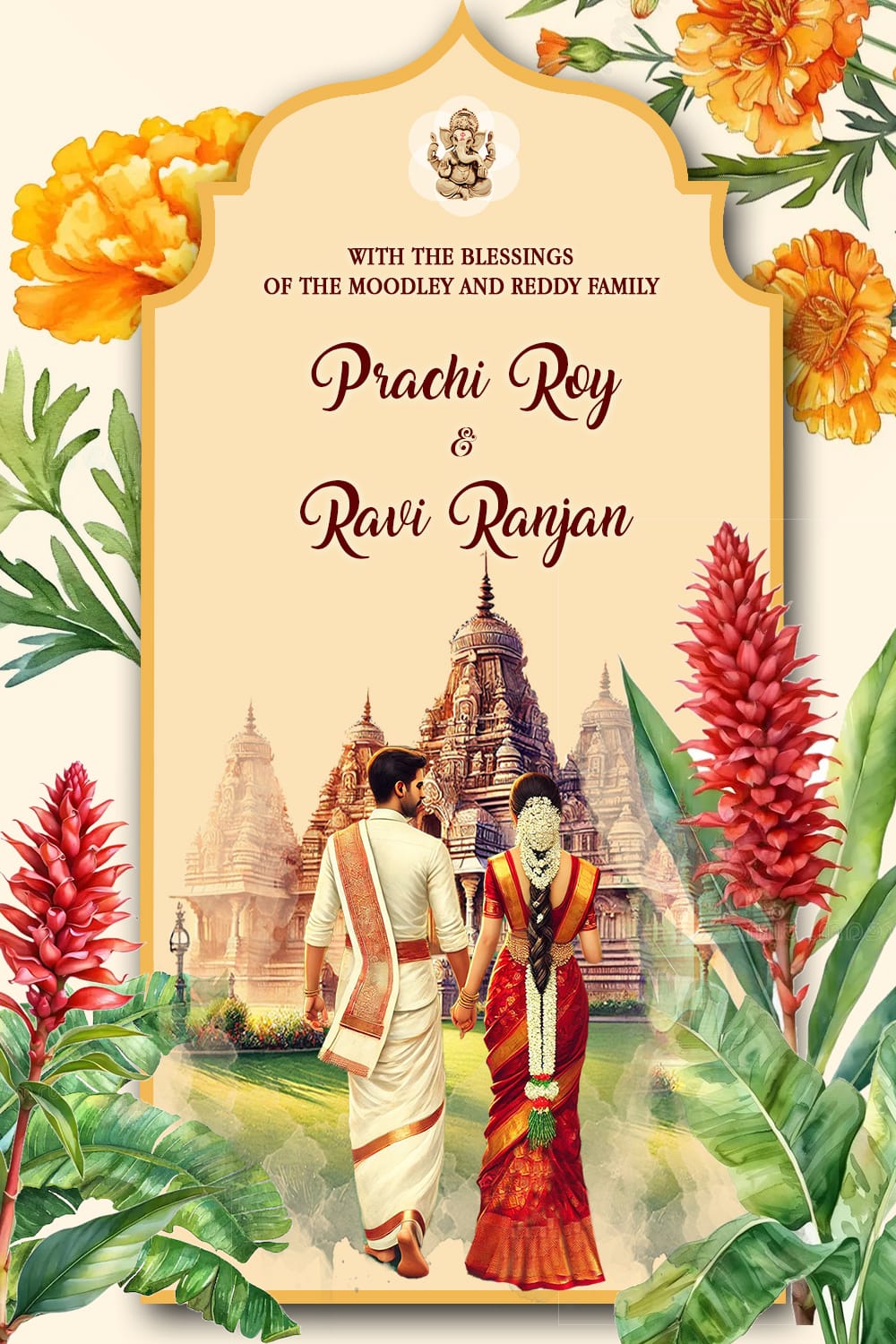 Marigold Theme & Temple Backdrop Wedding Invitation Cards Set with Bride and Groom Back Facing and Mehndi, Haldi Events