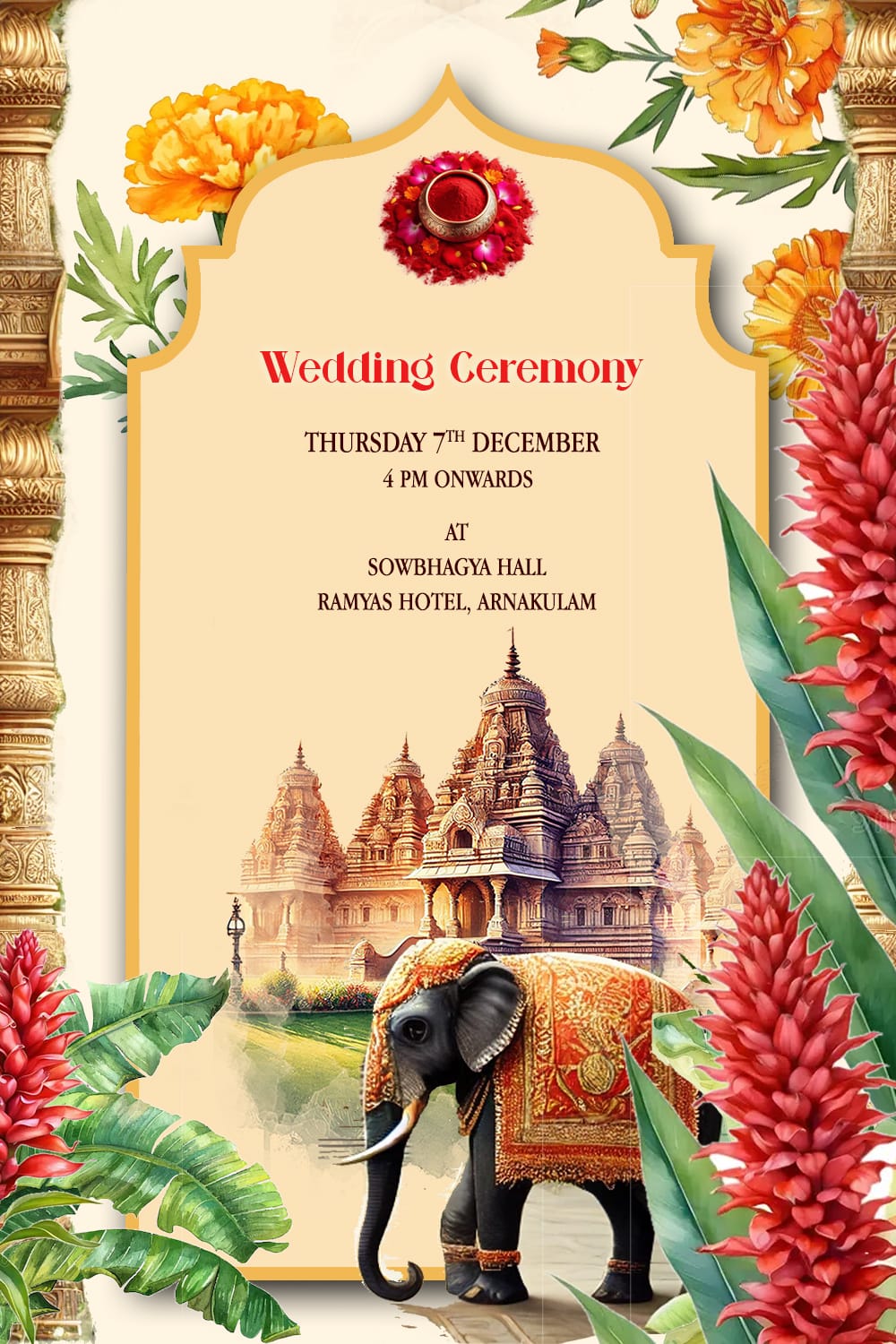 Marigold Theme & Temple Backdrop Wedding Invitation Cards Set with Bride and Groom Back Facing and Mehndi, Haldi Events