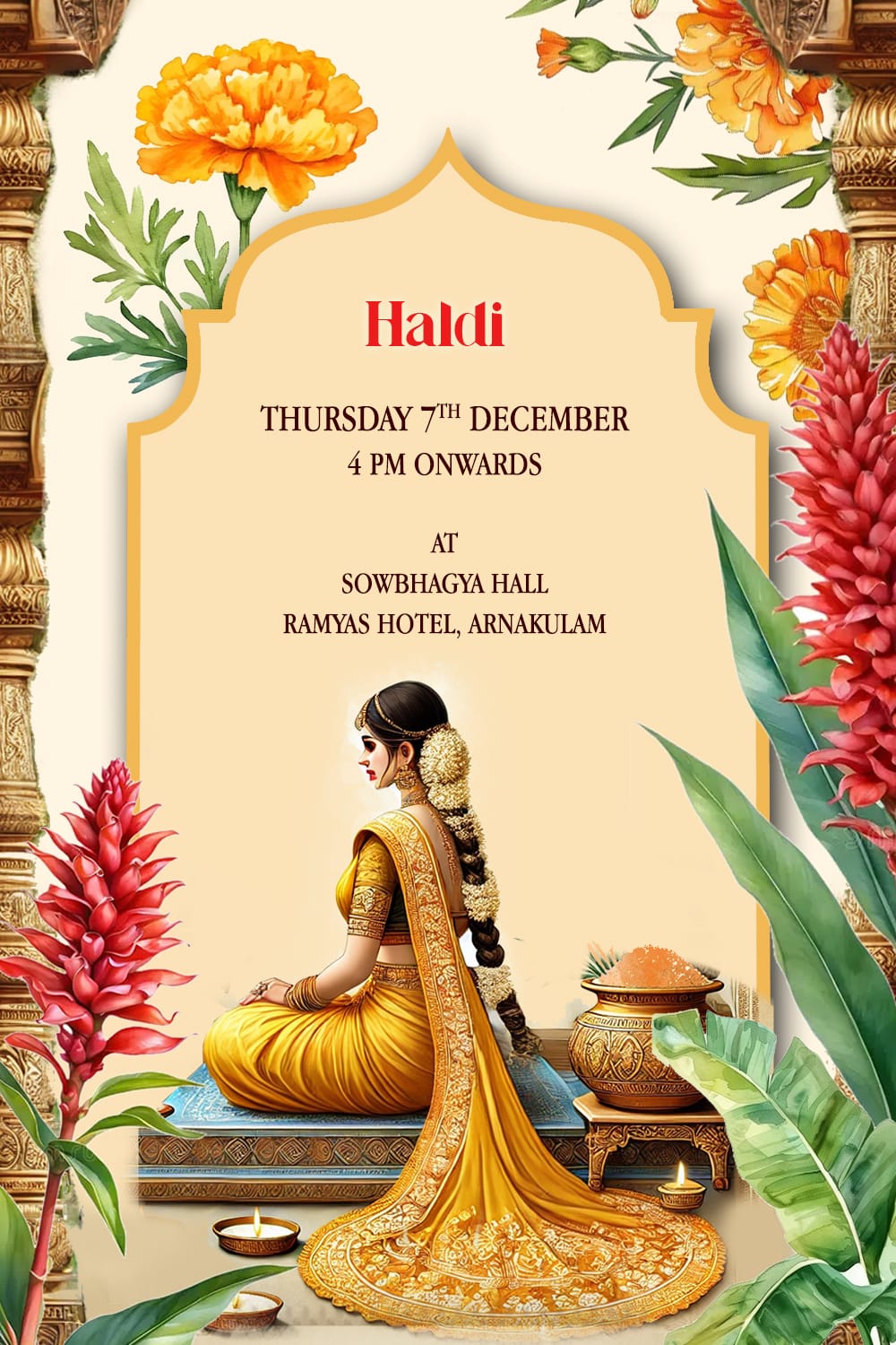 Marigold Theme & Temple Backdrop Wedding Invitation Cards Set with Bride and Groom Back Facing and Mehndi, Haldi Events