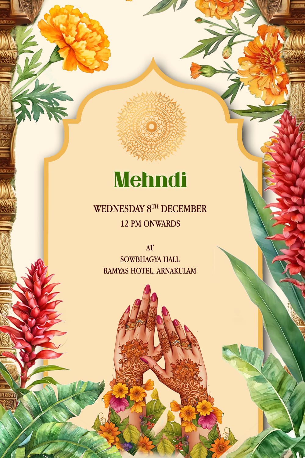 Marigold Theme & Temple Backdrop Wedding Invitation Cards Set with Bride and Groom Back Facing and Mehndi, Haldi Events