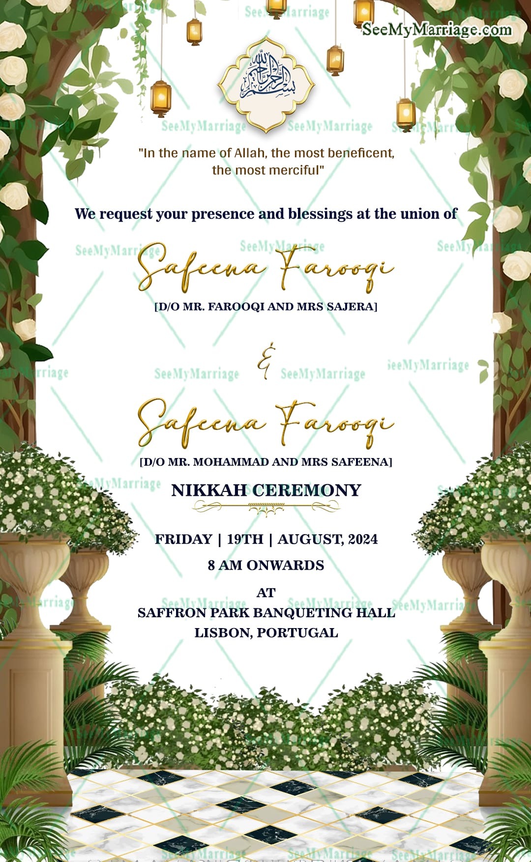 White and Greenery Theme Islamic Wedding Invitation Set with Floral Accents and Illustration of a Bride & Groom