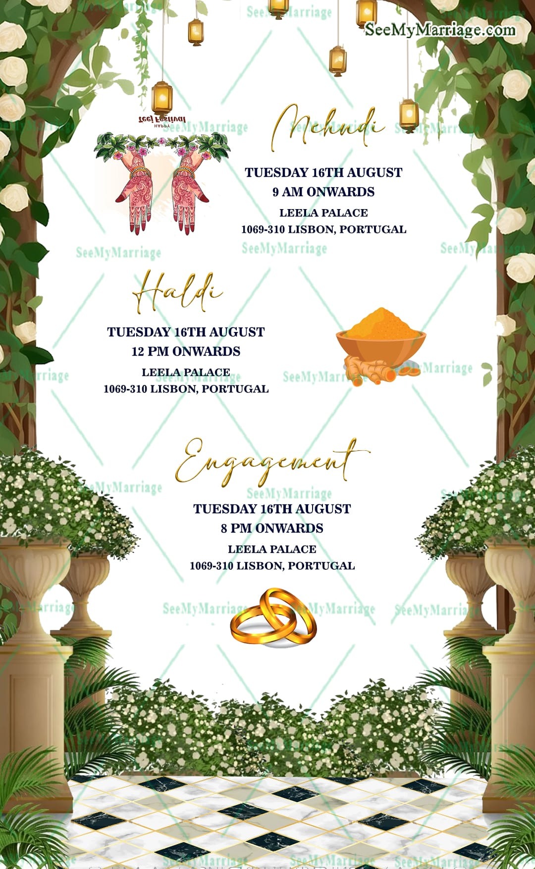 White and Greenery Theme Islamic Wedding Invitation Set with Floral Accents and Illustration of a Bride & Groom