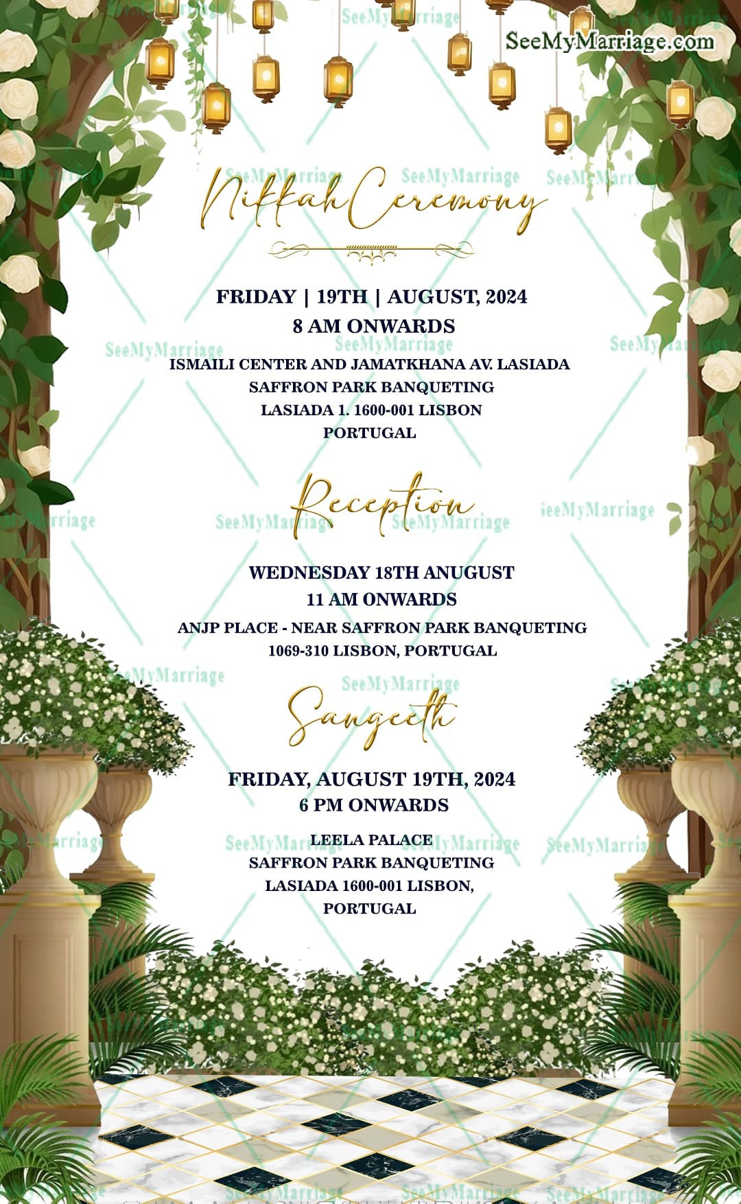 White and Greenery Theme Islamic Wedding Invitation Set with Floral Accents and Illustration of a Bride & Groom