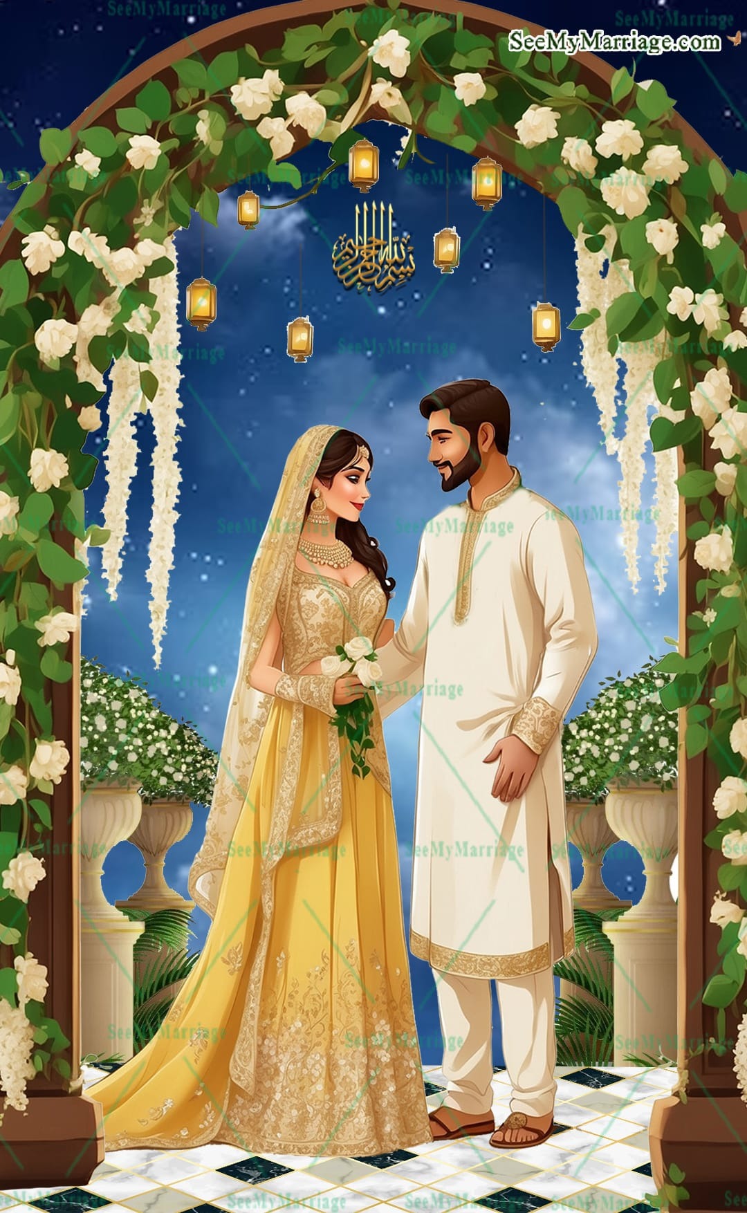 White and Greenery Theme Islamic Wedding Invitation Set with Floral Accents and Illustration of a Bride & Groom