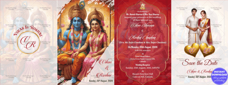 Lord Rama and Sita Wedding Invitation Cards Set with South Indian Bride & Groom Illustration, Traditional Design