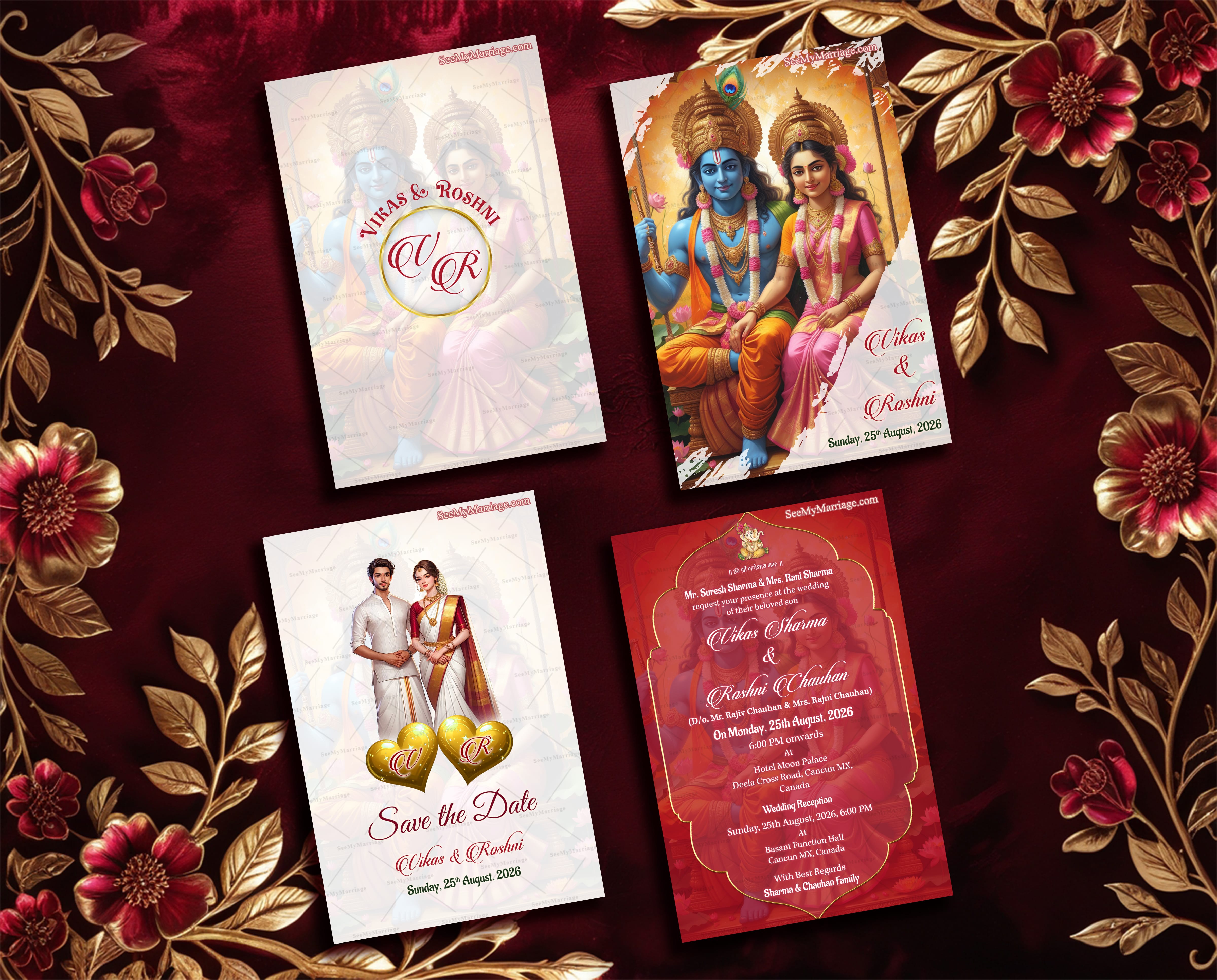Lord Rama and Sita Wedding Invitation Cards Set with South Indian Bride & Groom Illustration, Traditional Design