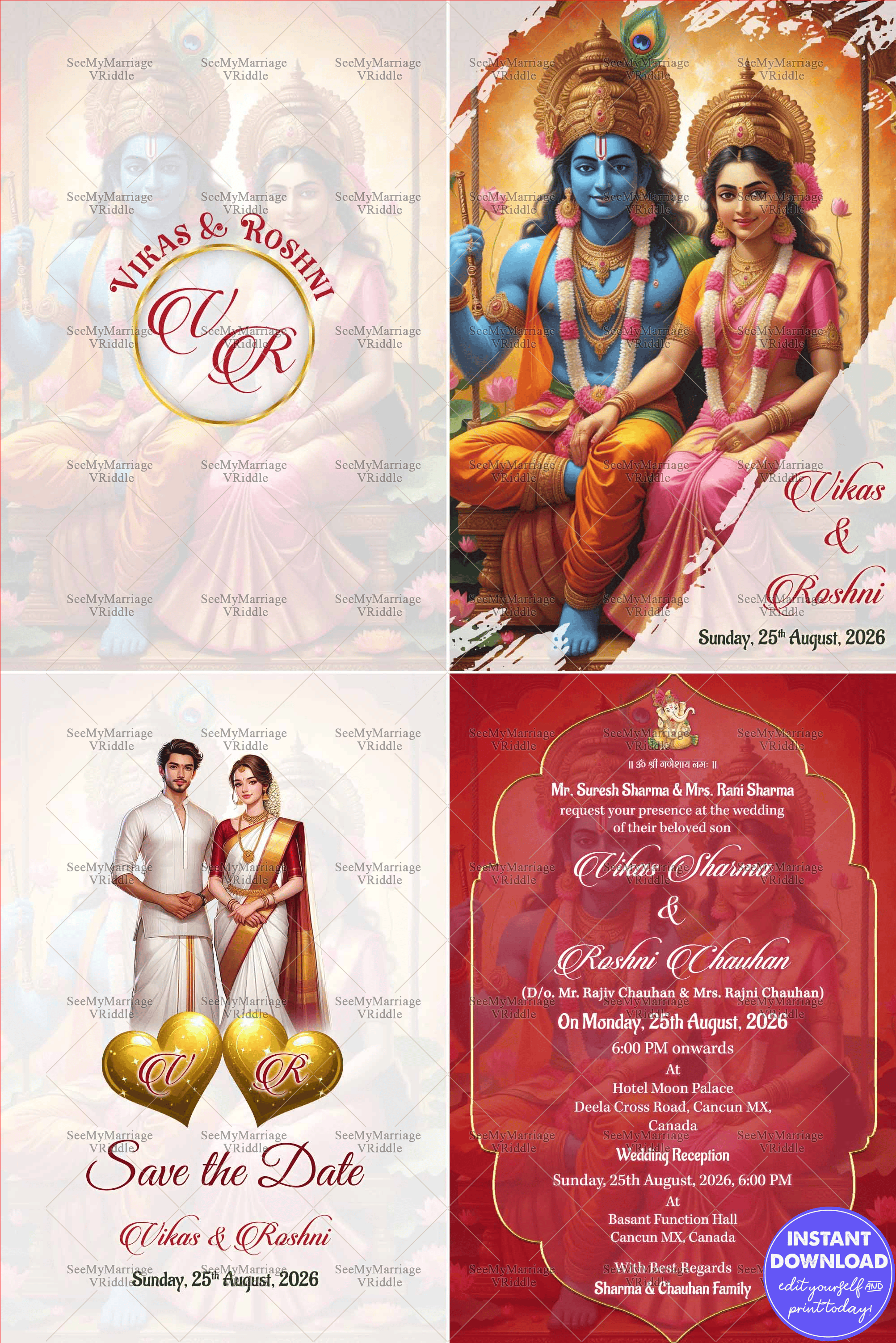 Lord Rama and Sita Wedding Invitation Cards Set with South Indian Bride & Groom Illustration, Traditional Design