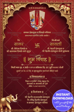 Lord Vishnu and Lakshmi inside a Tilak symbol Marathi Wedding Invitation Card with Red and Gold Theme, Elephant