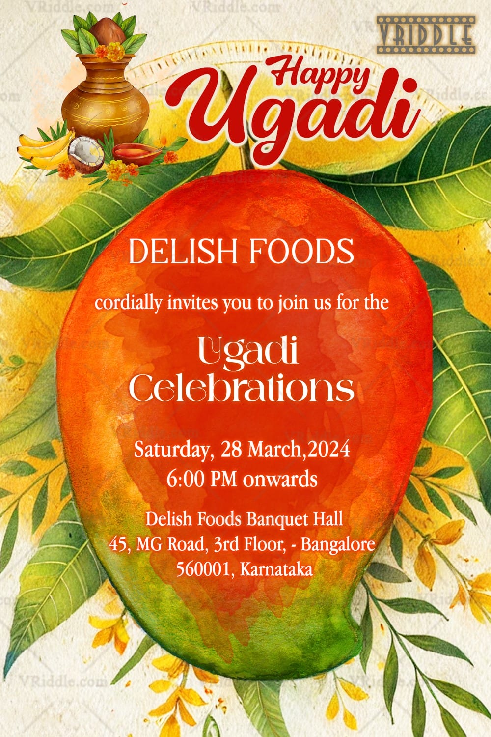 Mango Theme Ugadi Invitation Card with Leaves and Kalash