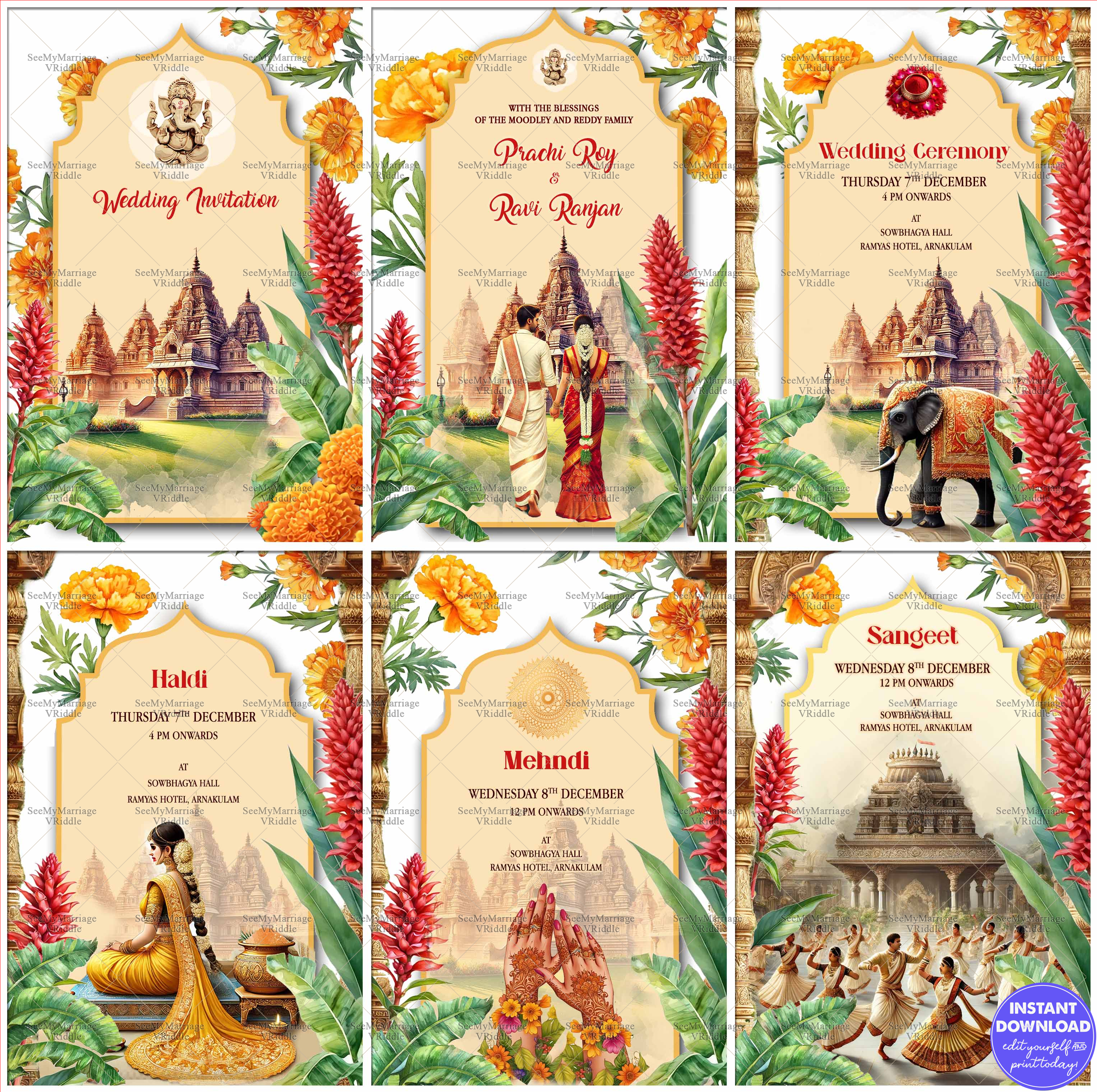 Marigold Theme & Temple Backdrop Wedding Invitation Cards Set with Bride and Groom Back Facing and Mehndi, Haldi Events