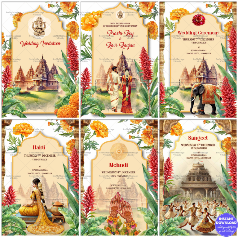 Marigold Theme & Temple Backdrop Wedding Invitation Cards Set with Bride and Groom Back Facing and Mehndi, Haldi Events