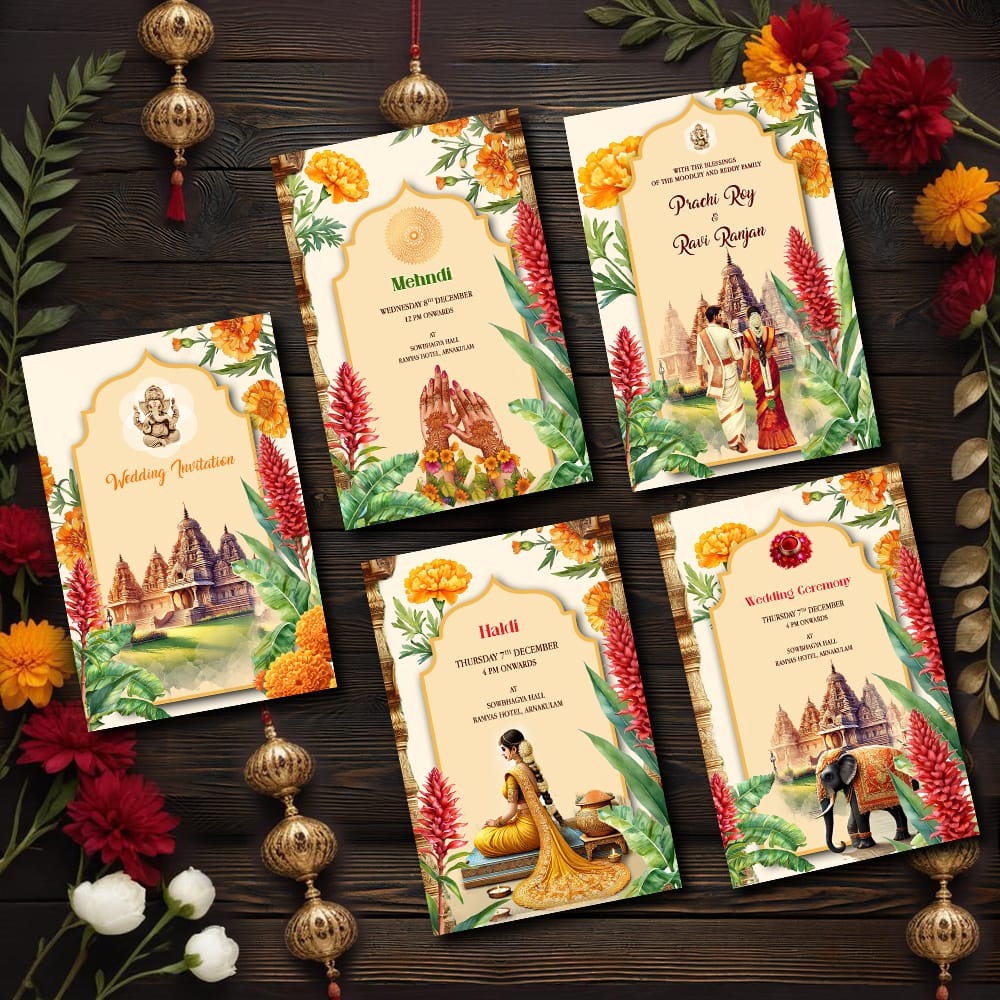 Marigold Theme & Temple Backdrop Wedding Invitation Cards Set with Bride and Groom Back Facing and Mehndi, Haldi Events