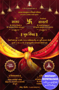 Maroon Background Marathi Wedding Invitation with Red and Yellow Fabric Drapes and symbolizing The Sacred Bond of Wedding