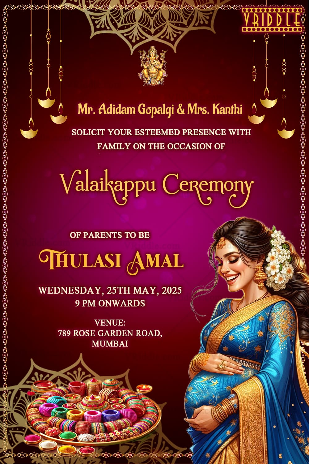 Maroon Theme and Blue-Gold Saree Valaikappu Ceremony with a Festive Look and Ganesha Blessings