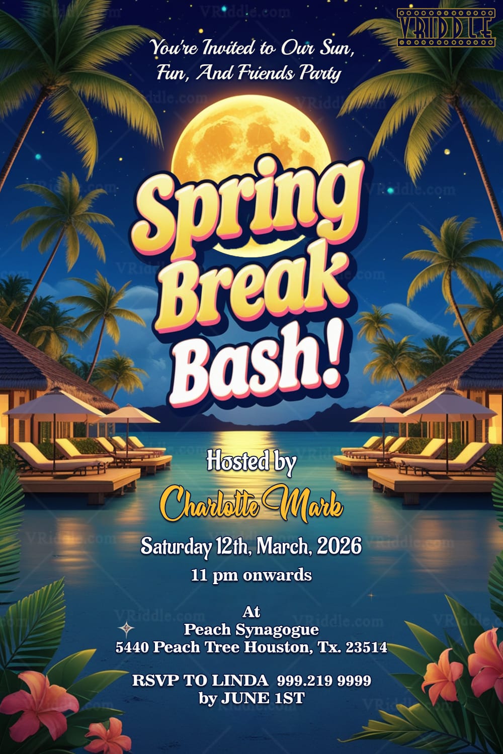 Moonlit Paradise Spring Break Party Invitation with Palm Trees and Magical Ambiance