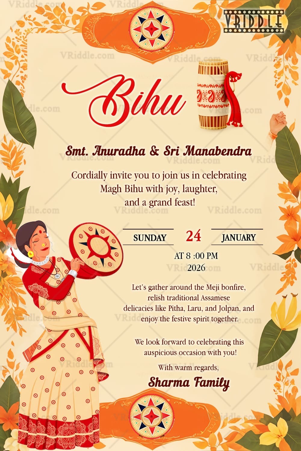 Orange and Yellow Bihu Invitation Card with Woman Holding a Hand-Held Drum, Leaves, Rice Stalks and Flowers