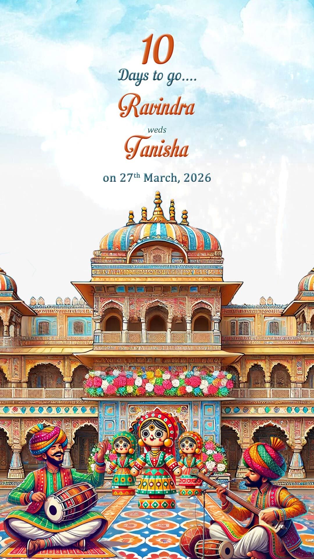Palace Theme Rajasthani Wedding Countdown Invitation Video with Bride and Groom Illustration