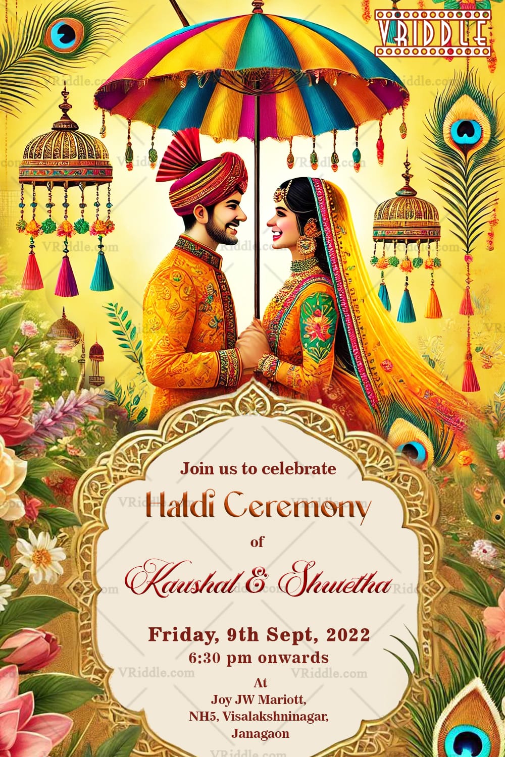 Peacock Feathers & Multicolored Umbrella Haldi Invitation with Bride and Groom in Traditional Attire