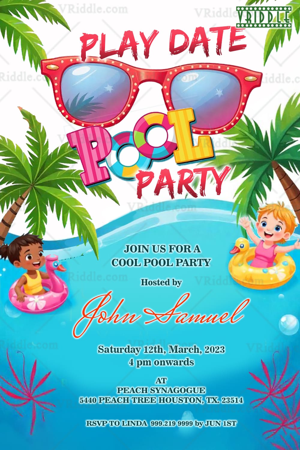 Play Date Pool Party Invitation with Red Sunglasses and Pink-Yellow flamingo Floats