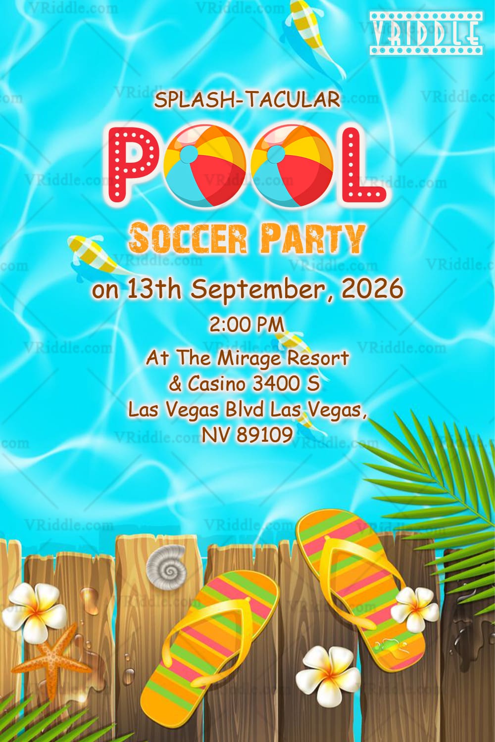 Pool Soccer Party with Flip-Flops, Tropical Flowers and Palm Leaves