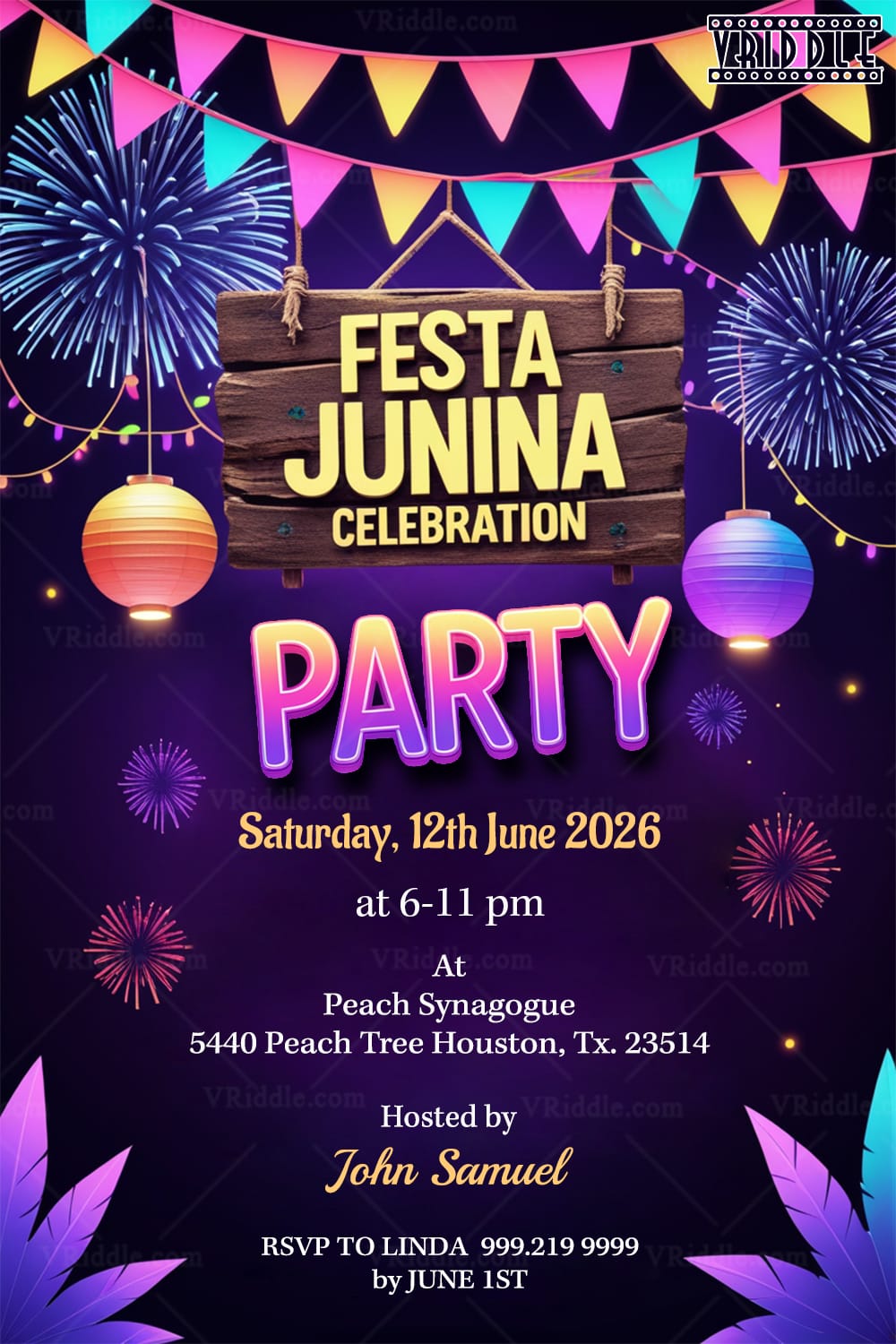 Purple Theme Festa Junina Celebration Party Invitation Card with Lanterns and Fireworks