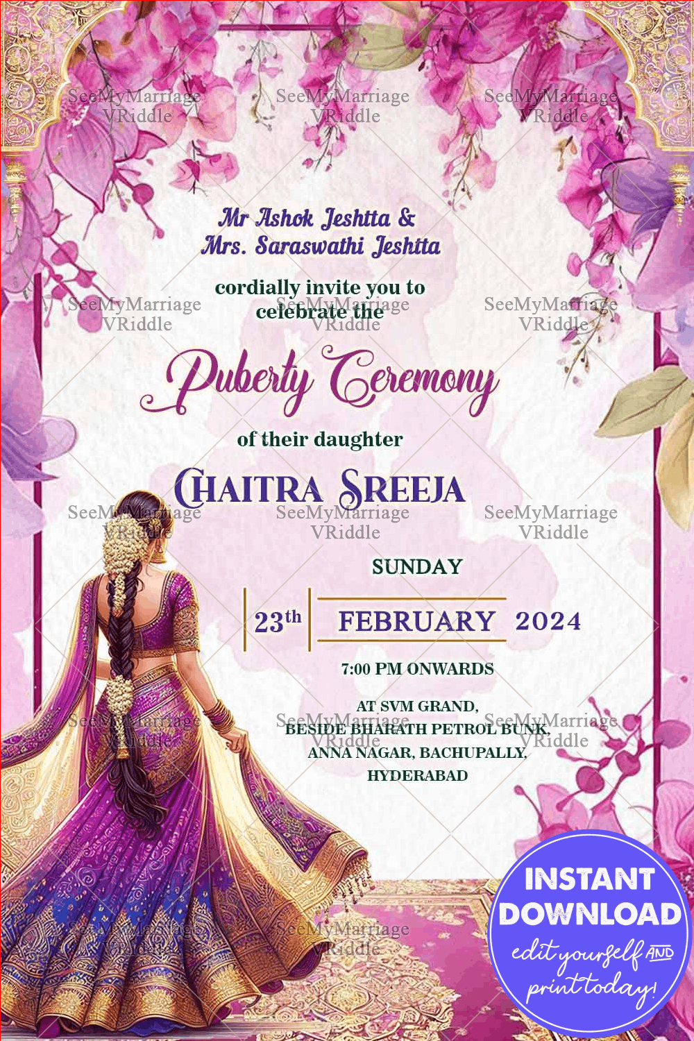 Purple and Pink Theme Puberty Ceremony with Illustration of a Young Woman