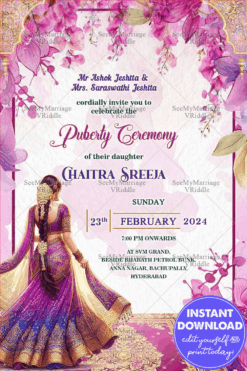 Purple and Pink Theme Puberty Ceremony with Illustration of a Young Woman