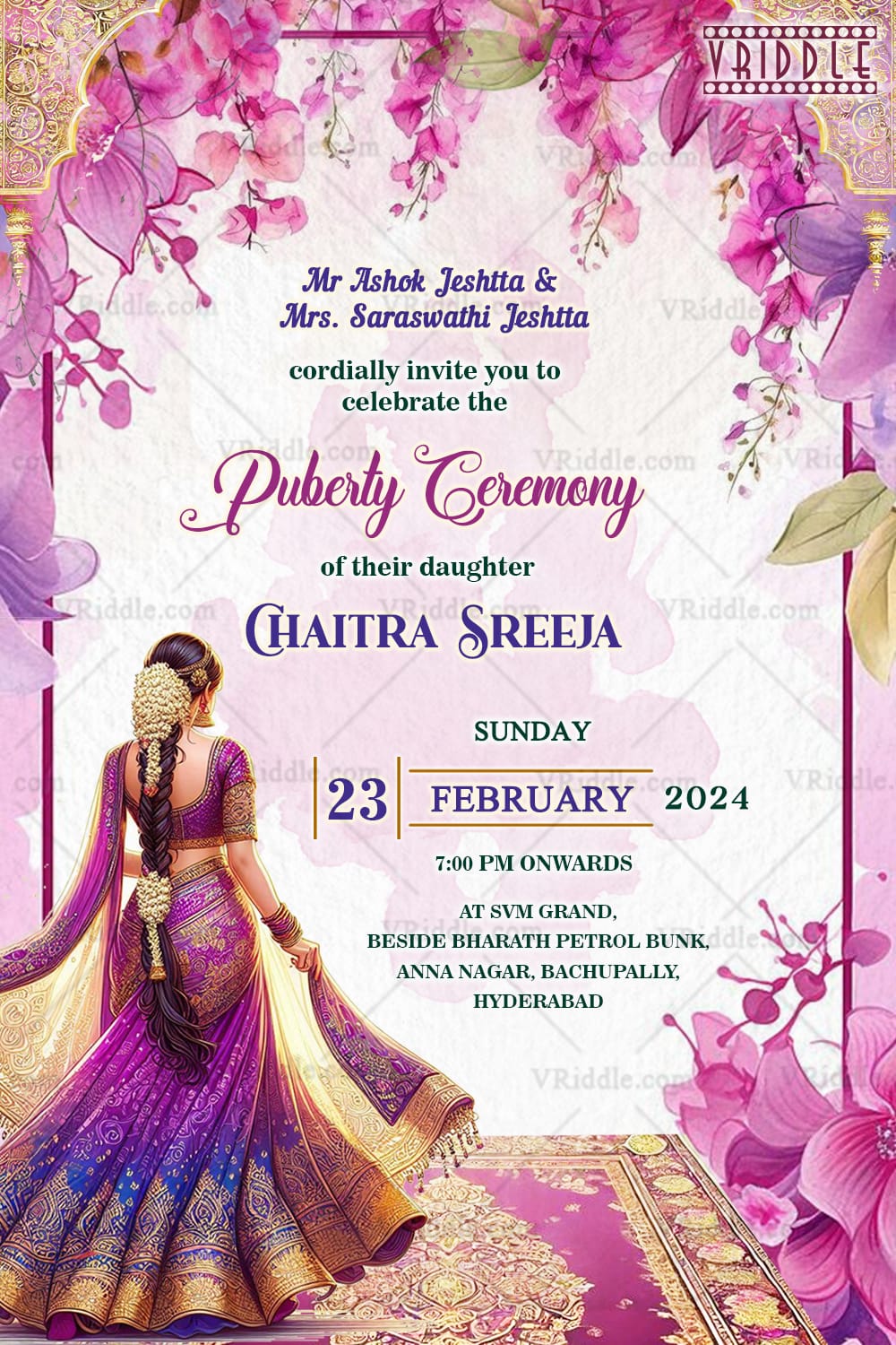 Purple and Pink Theme Puberty Ceremony with Illustration of a Young Woman