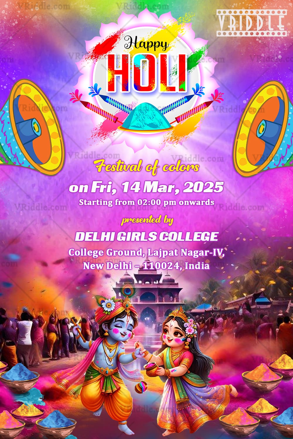 Radha Krishna Theme Holi Invitation card with Music and Dance