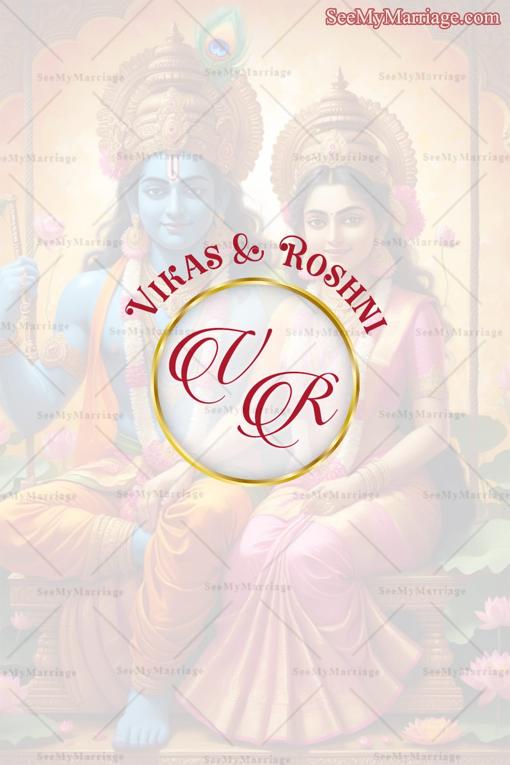 Lord Rama and Sita Wedding Invitation Cards Set with South Indian Bride & Groom Illustration, Traditional Design
