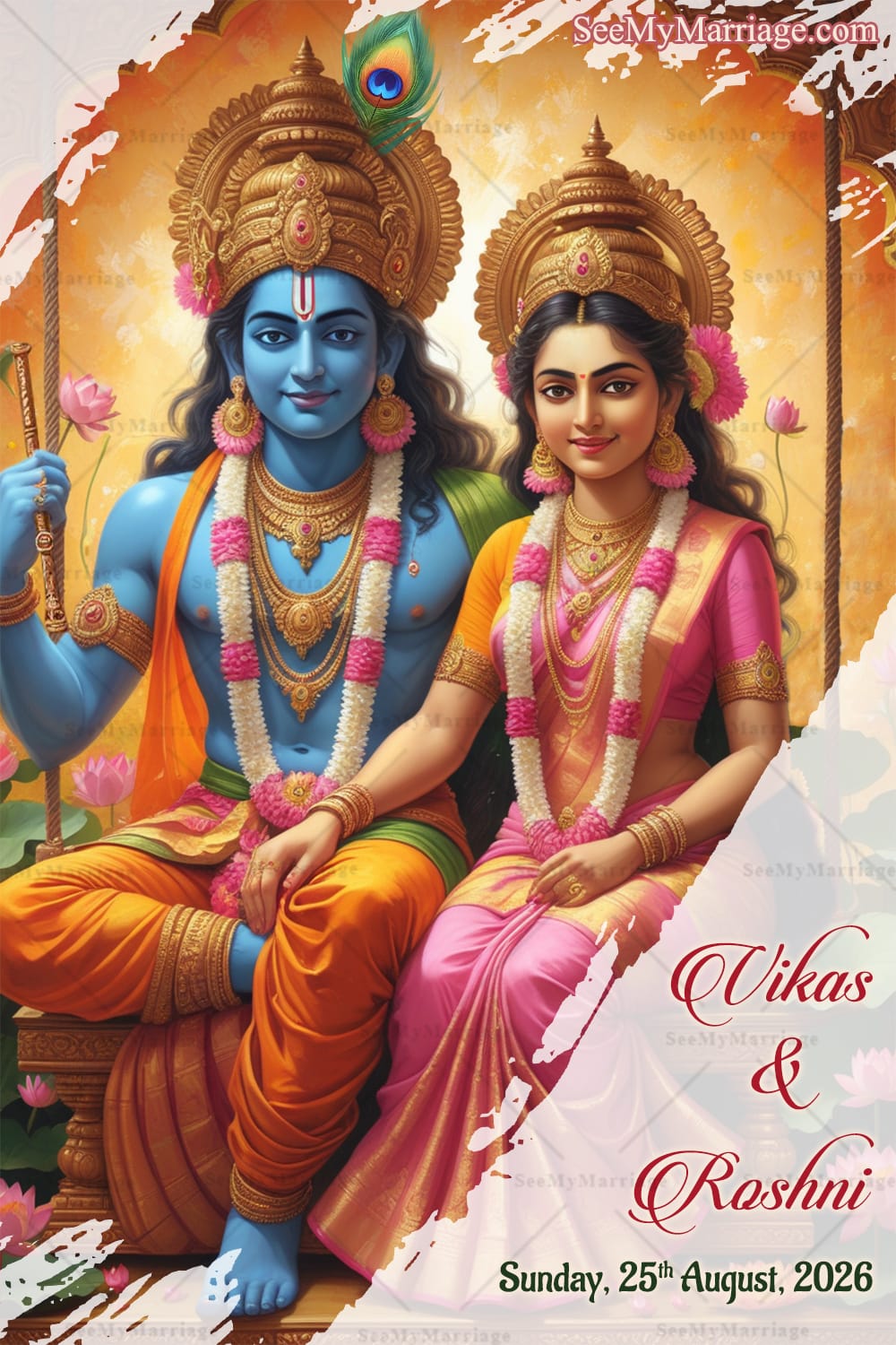 Lord Rama and Sita Wedding Invitation Cards Set with South Indian Bride & Groom Illustration, Traditional Design