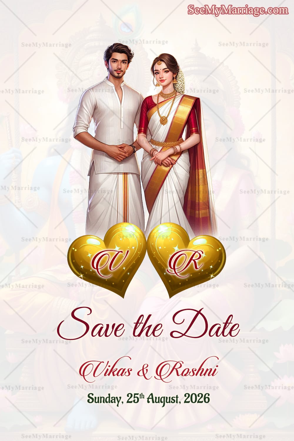 Lord Rama and Sita Wedding Invitation Cards Set with South Indian Bride & Groom Illustration, Traditional Design