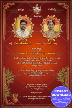 Red Background Telugu Wedding Invitation Card with Add Couples Photos, Kalash and Banana Leaves