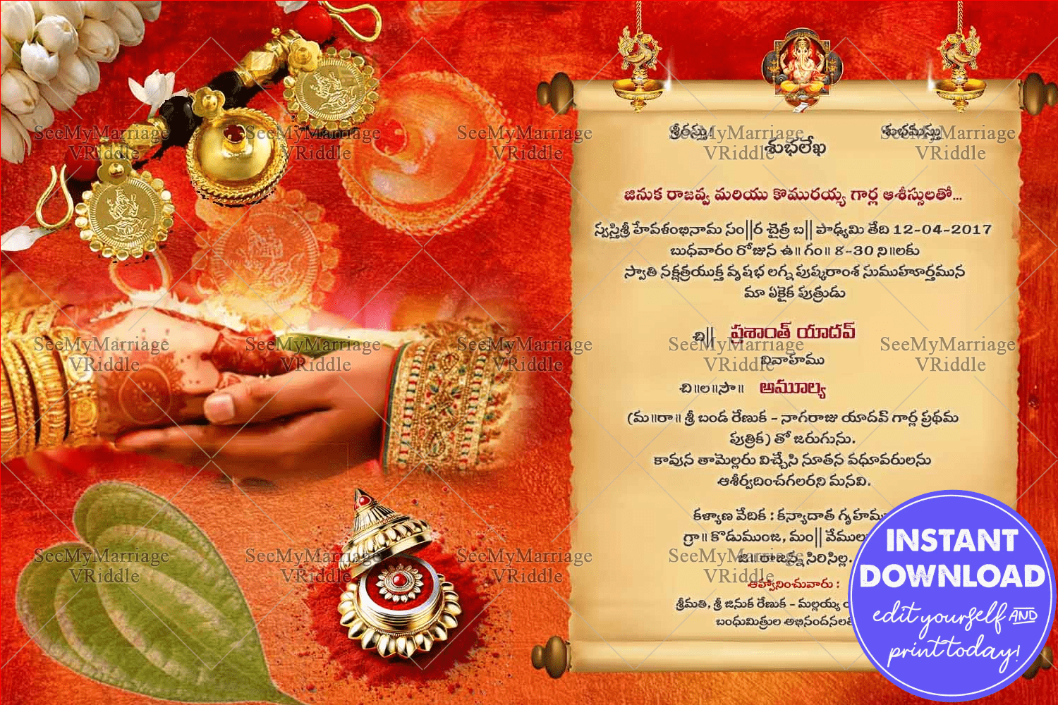 Red-Orange Background Telugu Wedding Invitation Card with Scroll Theme Bride & Groom Holding Hands, Mangalsutra and Kumkum Bharani