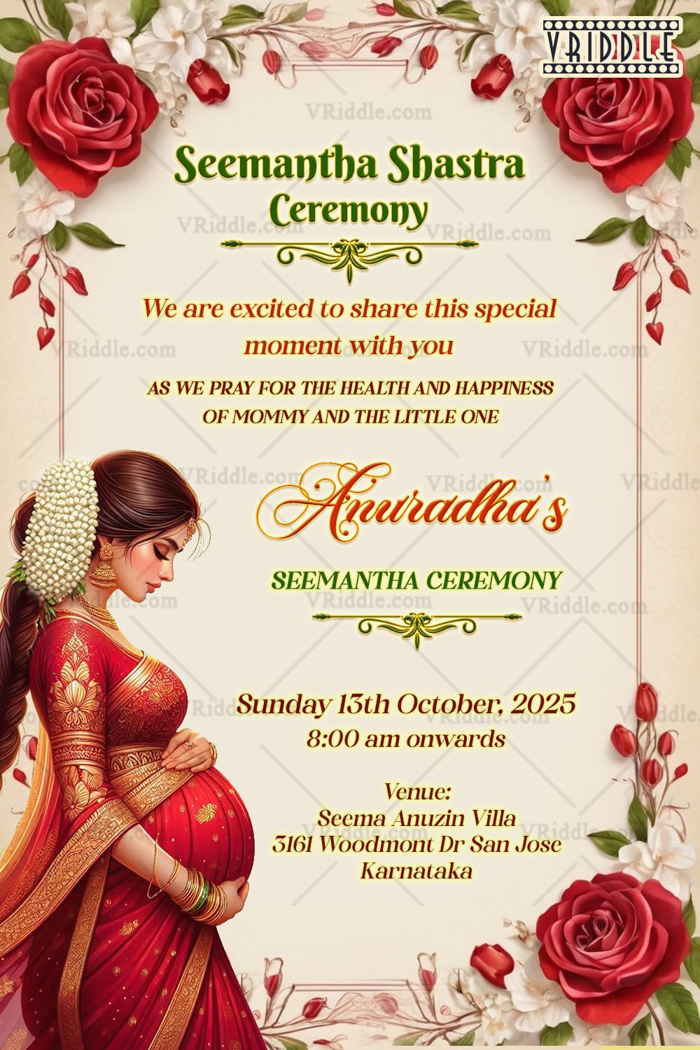 Red Saree Theme Seemantham Shastra Ceremony with Pregnant Woman Art, Red Roses, White Flowers and Green Leaves