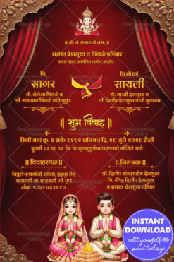 Red Theme Marathi Wedding Invitation with Bride & Groom Sitting Beside The Sacred Fire