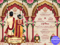 Red and Gold Marathi Wedding Invitation with Bride and Groom Back Facing