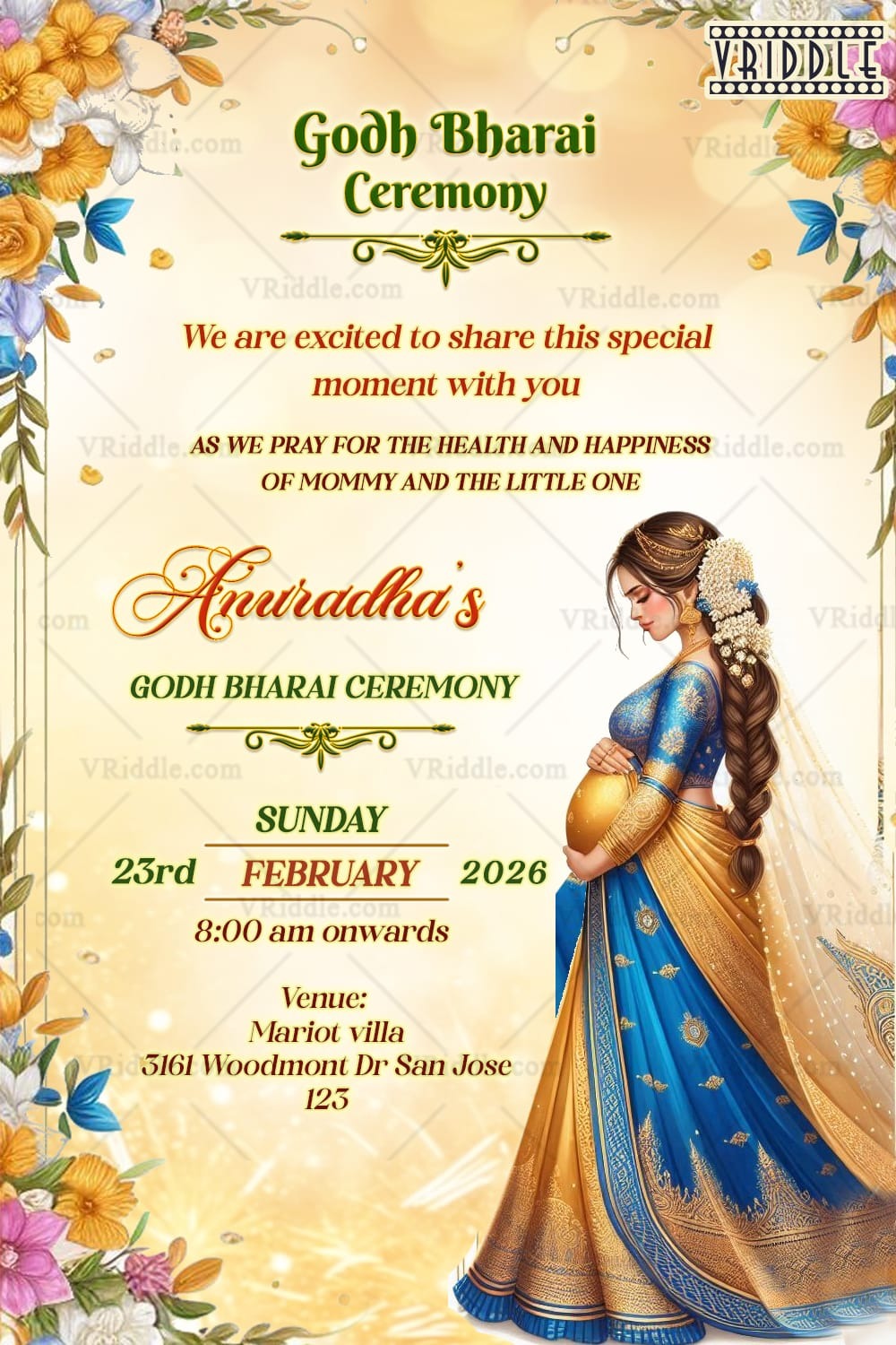 Royal Blue and Gold Saree Godh Bharai Ceremony with Flowers