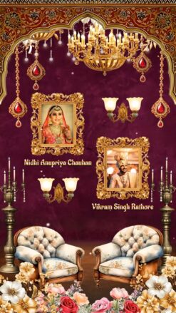 Royal Maharaja Theme Wedding Invitation video with Maroon Luxury Backdrop and Cocktail Party, Dinner Party, Bhaat, Ring Ceremony, Sangeet, Tel Baan