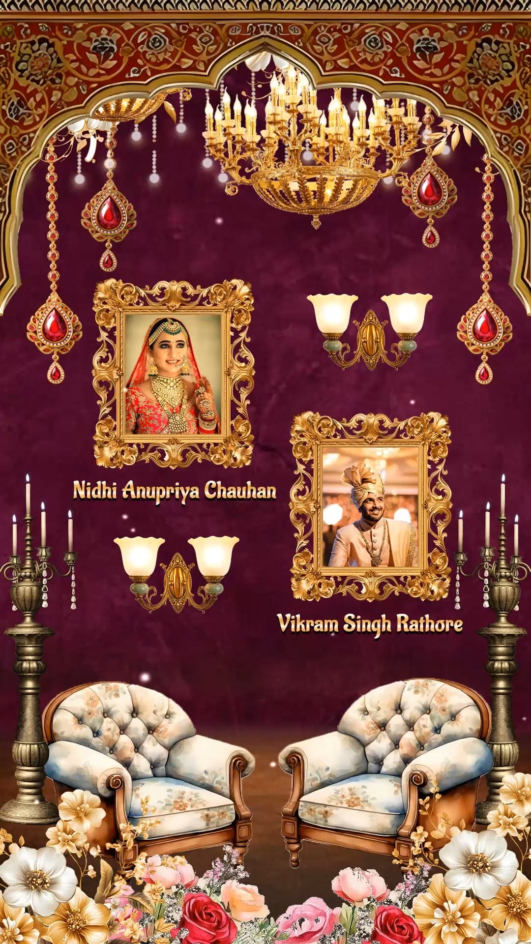 Royal Maharaja Theme Wedding Invitation video with Maroon Luxury Backdrop and Cocktail Party, Dinner Party, Bhaat, Ring Ceremony, Sangeet, Tel Baan